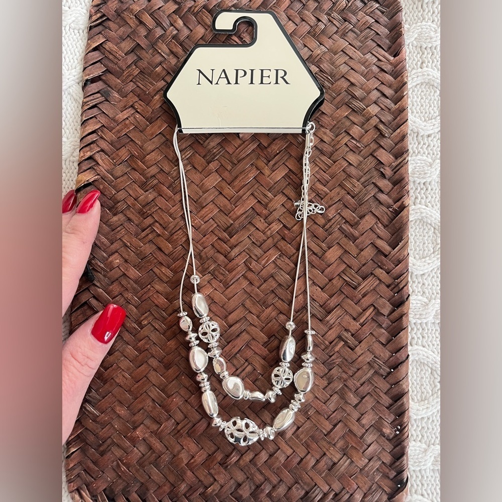 Napier Silver Mid Length Double Necklace with Beaded Accents Fashion Jewelry